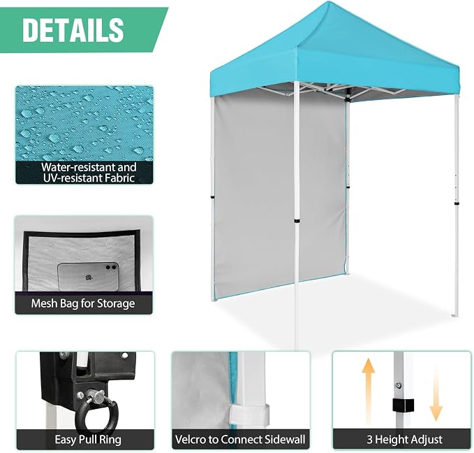 5x5 Pop Up Canopy Tent with One Sidewall, Instant Portable Beach Canopy, Outdoor Tent with Carry Bag for Camping, Sports, Tailgating, Events, Light Blue