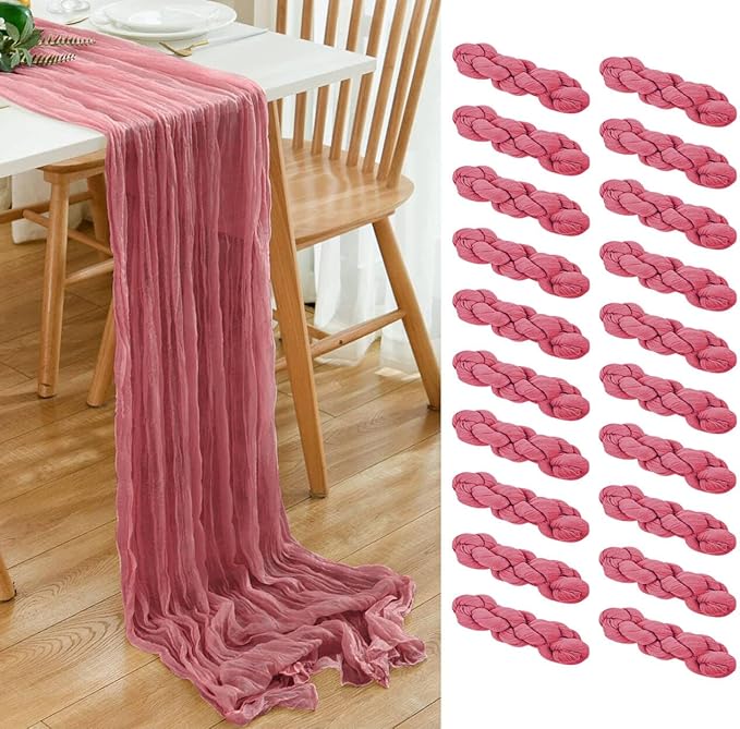 20 Pack Dusty Rose Cheesecloth Table Runner 17x108 Inch Boho Wrinkled Sheer Gauze Cheese Cloth Table Runner Bulk Romantic Decor for Wedding, Bridal Shower, Birthday Party