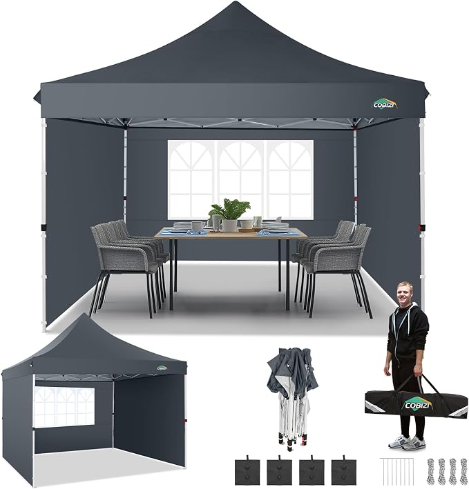 COBIZI 10x10 Pop Up Canopy Tent with 3 Sidewalls, Commercial Party Tent Ez Waterproof Outdoor Instant Gazebo UV 50+ Event Shelter, Garden Tents for Parties Camping with Sandbags, Grey