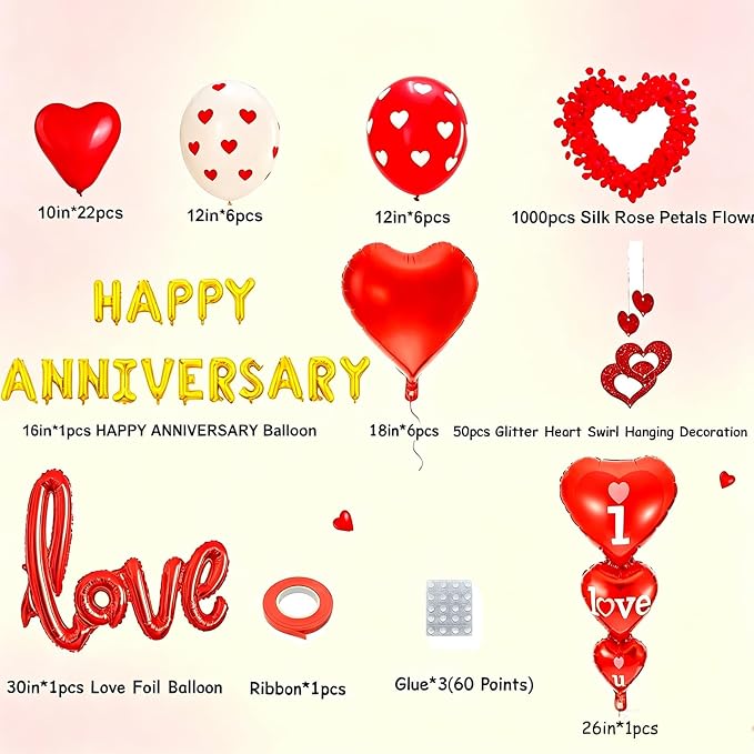 Happy Anniversary Decorations, Red Heart Balloons, Happy Anniversary Banner, Heart Hanging String, Rose Petals, Romantic Decor for Wedding, Valentines Day