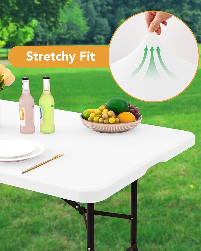 KeyWave Fitted Tablecloth Rectangle Table Cloths - 6 Pack 6 Foot Elastic Stretch Folding Table Top Cover Water-Resistant Reusable for Outdoor Picnic Camping Party Event, White, 72" L x 30" W