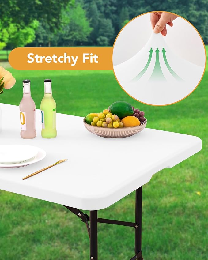 KeyWave Fitted Tablecloth Rectangle Table Cloths - 8 Pack 8 Foot Elastic Stretch Folding Table Top Cover Water-Resistant Reusable for Outdoor Picnic Camping Party Event, White, 96" L x 30" W