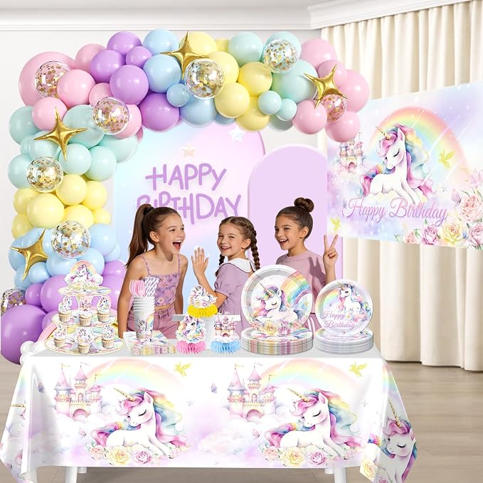289 Pcs Unicorn Birthday Decorations, Worry-Free One-Stop Set Serves 25 Guests, with Laser Banner, Backdrop, Thick Plates and Cake Stand, Easy Setup for Unicorn Party Decorations