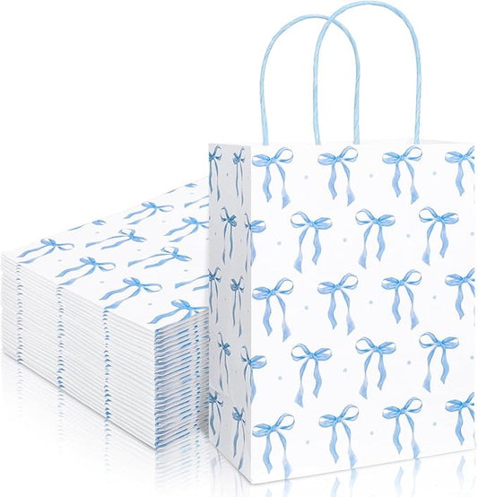Whaline 24Pcs Coquette Bow Bags with Handles Lovely Blue Bowknot Paper Gift Candy Treat Bag Grocery Shopping Bags for Wedding Birthday Baby Bridal Shower, 5.9 x 3.1 x 8.3 Inch