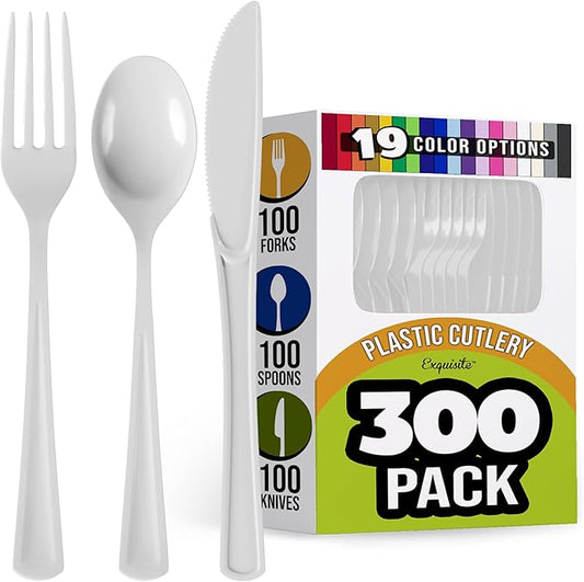 Party Solids White Plastic Silverware Heavy Duty 300 Pieces White Disposable Silverware Heavy Duty, Utensil Sets, 100 Of Each Forks, Knives & Spoons Disposable Cutlery Set For Party Supplies