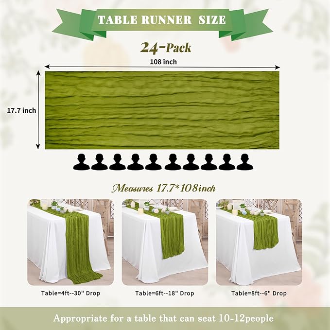 Pesonlook 24 Pack Cheesecloth Table Runner,Olive Green Table Runner Long Romantic Semi Sheer Rustic Boho Gauze Table Runners for Wedding Bridal Shower Birthday Party Decorations(17.7×108 Inch)