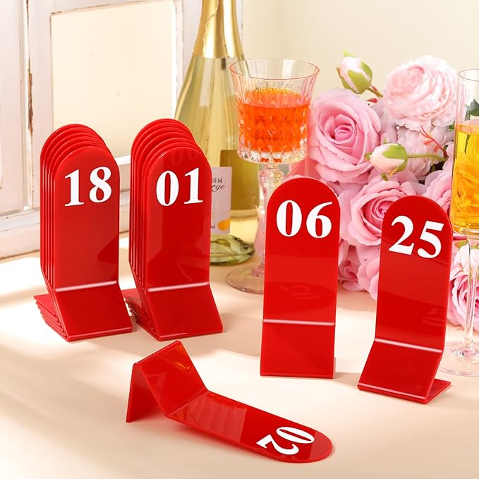 Remerry 50 Pcs Table Numbers 1-50 Acrylic Double Sided Number Cards for Restaurant Acrylic Tent Table Holders Tent Cards Wedding 2.36 x 6.3 Inch(Red)