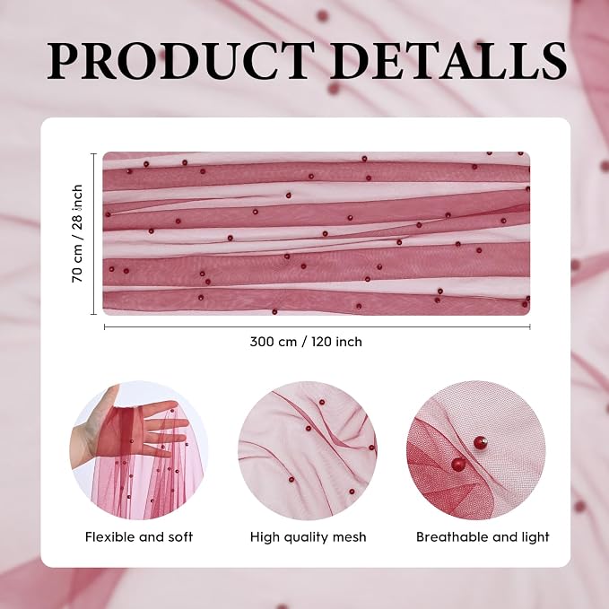 Artoid Mode 3PCS Pearl Burgundy Gauze Table Runner 120 Inch 10FT, Seasonal Sheer Dining Holiday Wedding Birthday Baby Shower Table Decor for Home Party