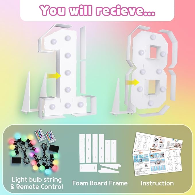 Marquee Numbers 18th Birthday Decoration: Colorful 3FT Large Light Up 18 Year Old Birthday Decorations Anniversary Backdrop Cardboard Sign 18 Colors Number 18 Mosaic Balloon Frame