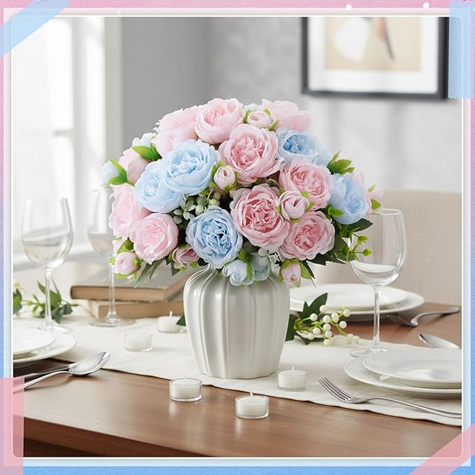 Geosar 16 Bundles Artificial Peonies Flowers Fake Silk Peony Bouquet Faux Peonies Flowers Bulk for Decoration Vase Floral Arrangements Wedding Party Table (Light Pink,Light Blue)