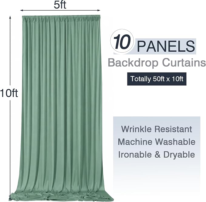 50ftx10ft Wrinkle Free Sage Green Backdrop Curtains for Parties, 10 Panels 5x10ft Silky Polyester Photo Backdrop Drapes Back Drop Cloth Drapery for Wedding Birthday Photography Background