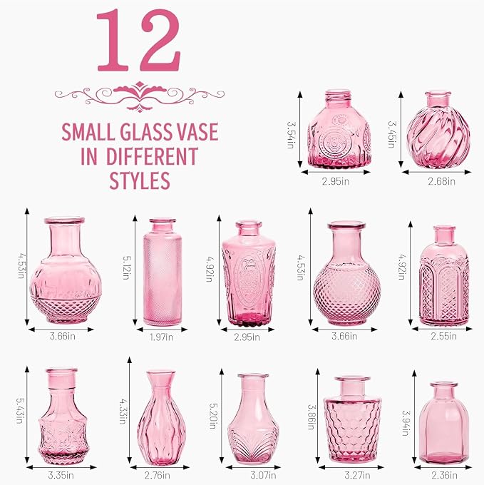 Mini Bud Vases Centerpieces for Tables,Clear Bud Vases for Flowers,Small Flower Vases Suitable for Birthday Party,Anniversary,Wedding Reception,Baby Shower (Pink, 12PCS)