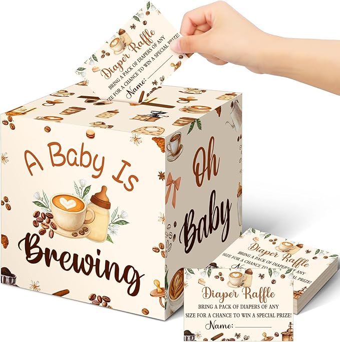 Teling 51 Pieces Coffee Beans Diaper Raffle Tickets Box with Card Baby Shower Decorations Gender Reveal Holder Box for Girl Boy Diaper Raffle Party