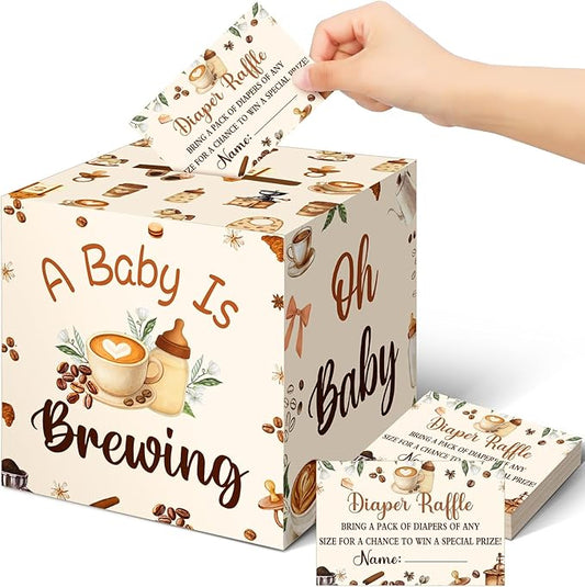 Teling 51 Pieces Coffee Beans Diaper Raffle Tickets Box with Card Baby Shower Decorations Gender Reveal Holder Box for Girl Boy Diaper Raffle Party