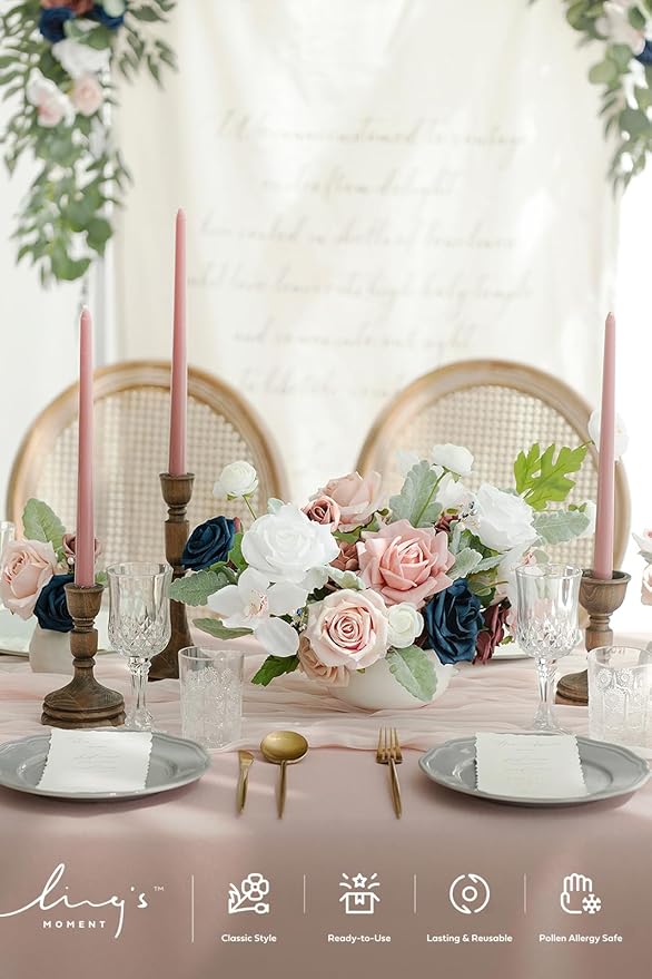 Ling's moment Fake Flowers Box, Faux Artificial Greenery Stems Foam Roses Silk Orchid Ranunculus Fabic Flower for Centerpieces Bouquet Wedding Vase Decorations, Dusty Rose & Navy, Grand Combo