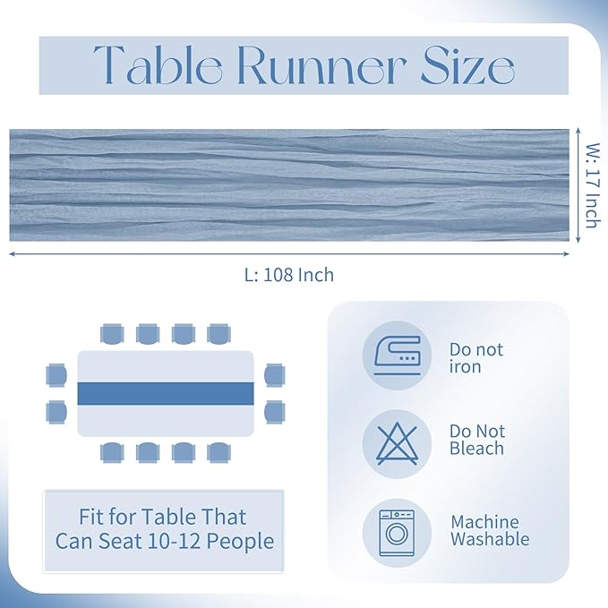 20 Pack Cheesecloth Table Runner - 17x108 Inch Dusty Blue Boho Gauze Cheese Cloth Table Runners for Baby Bridal Shower Decoration Wedding Party Summer Garden Farmhouse