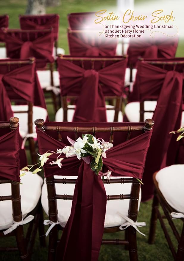 120 PCS Burgundy Satin Chair Sashes, Ties Bows Designed Chairs Decorative, Chair Cover Sashes for Thanksgiving Wedding Christmas Banquet Party Home Kitchen Decoration (7 x 108 inch)