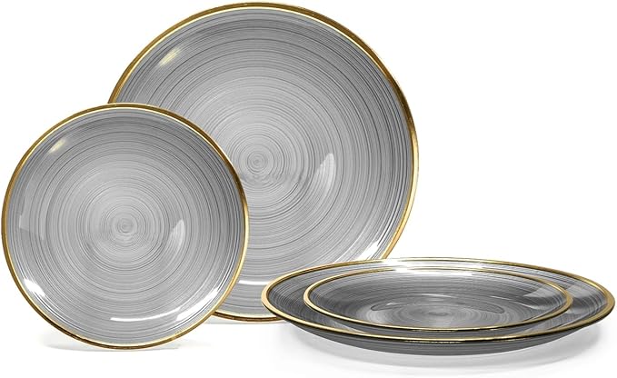 OCCASIONS 50 Black and Gold Plates for 25 Guests (Belize in Black & Gold) | China-Like Look, Fancy Heavy Duty Disposable Plastic Dinnerware Set, 10" Dinner & 7" Salad/Dessert, Wedding Party, BPA Free