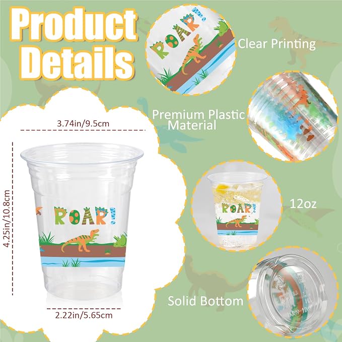50 Pcs Dinosaur Cups, 12oz Dinosaur Plastic Clear Disposable Drinking Cups Dino Theme Tumbler for Dino Birthday Party Supplies Decorations