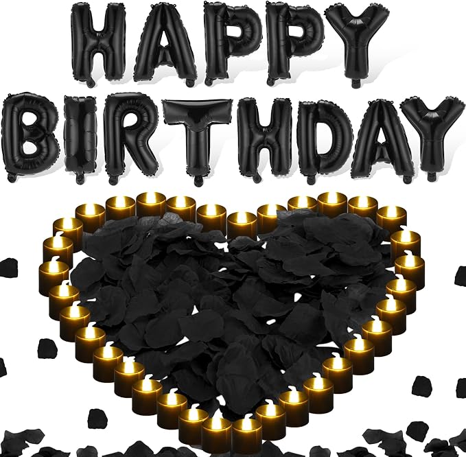 Black Happy Birthday Balloons Decorations Happy Birthday Letter Balloons Banner Set with 24pcs Round Flameless LED Candles and 2000pcs Artificial Rose Petals for Women Men Room Party Decor