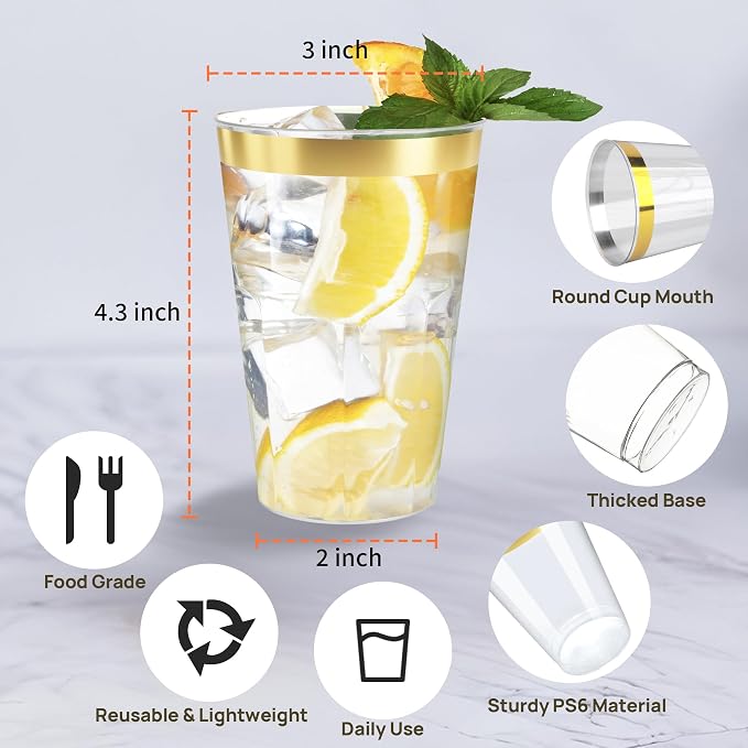 Byvivace 12oz Clear Plastic Cups with Gold Rimmed Sturdy & Food Safe Disposable Wine Glasses Wedding Cups Party Cups Plastic Cocktail Glasses for Wine, Juice, Cocktails and Cold Beverages [100 Pack]