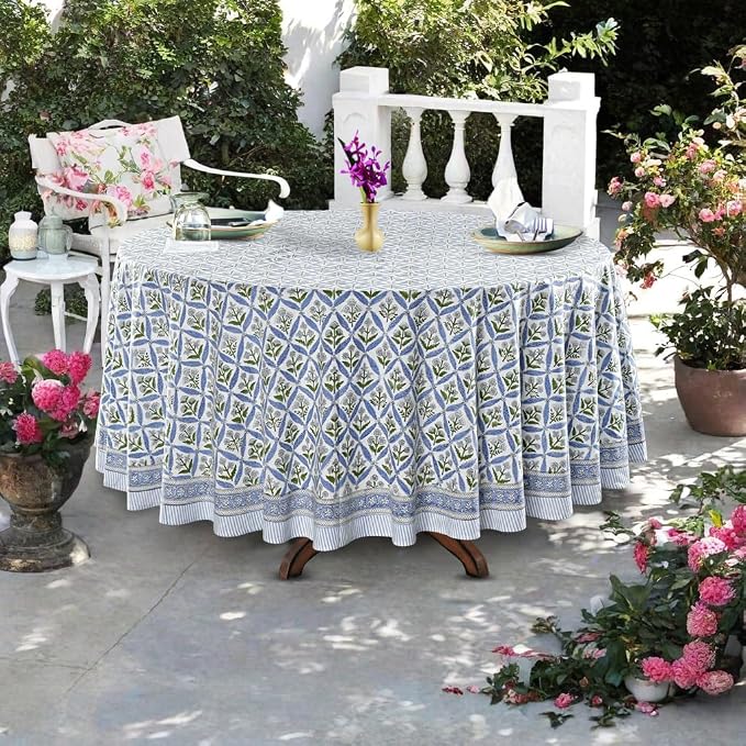Ridhi Round Tablecloth Hand Block Print 100% Cotton Reusable Light Steel Blue 60 Inch Table Cover Decorative Everyday Use for Dining, Home, Party, Wedding, Farmhouse Gift for Spring, Mother's Day