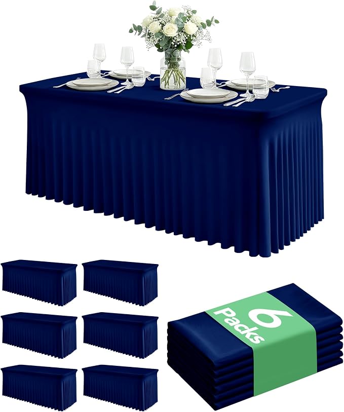 6 Pack Spandex Table Cover Skirts for 6ft Rectangle Tables, Navy Blue Stretch Table Cloths with Floor-Length Ruffle, Elastic Fitted Skirted Tablecloth for Elegant Wedding Banquet Party Buffet Deco