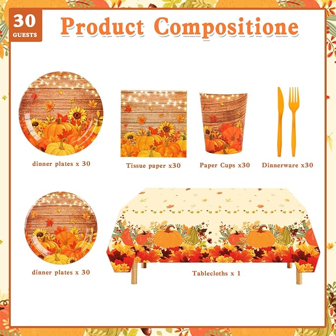 182pcs Fall Paper Plates and Napkins Set,Thanksgiving and Pumpkin Plates Disposable Dinnerware for Autumn Birthday Thanksgiving Party Decorations,Serve 30 Guests