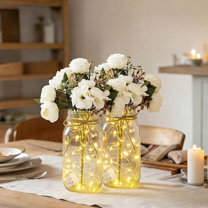 4 Sets Mason Jar with Lights White Faux Peony Decorative White Centerpieces for Tables Mason Jars Flowers Decorations LED Farmhouse Vase for Home Wedding Event Party Decor