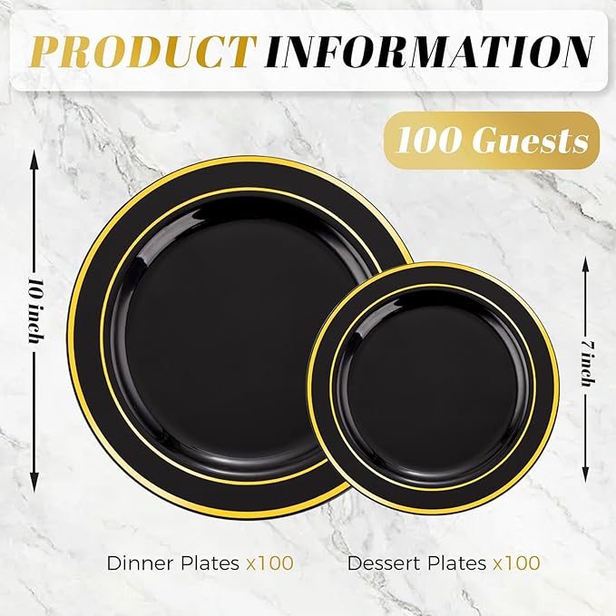 WDF 200PCS Black and Gold Plastic Plates - Black Plates Disposable for Party - Heavy Duty Plastic Plate for Wedding/Party/Birthday/Graduation