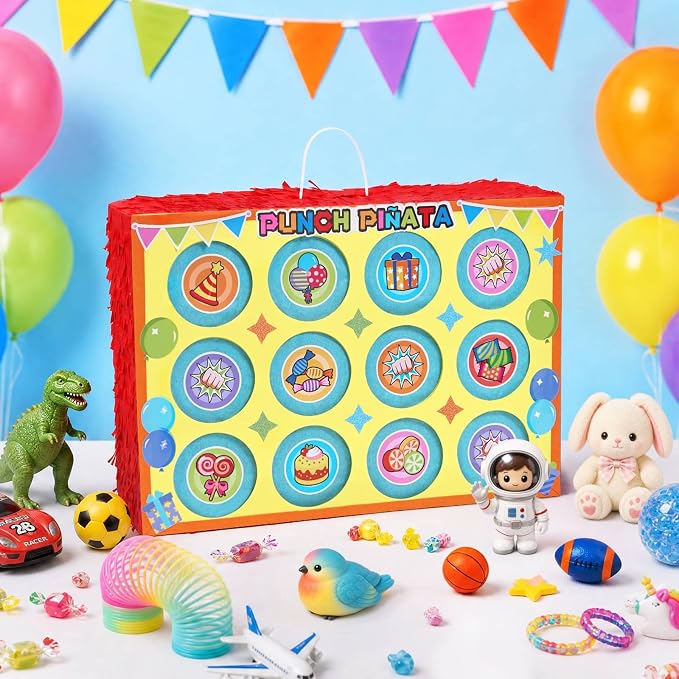 WERNNSAI Birthday Punch Piñata - Punch Box Piñata with 4 Sets of DIY Stickers & 4 Replacement Punch Papers, Hanging Surprise Game Supplies for Birthday Party, Family Gatherings, School Carnival Decor