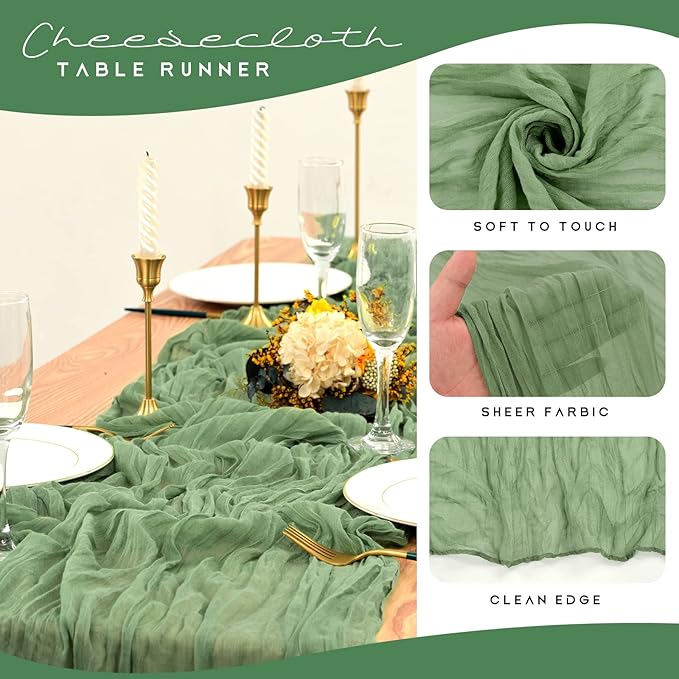 12 Pack Cheesecloth Table Runner 35 x 120 inch Long Boho Cheese Cloth Gauze Table Runners Semi Sheer Table Runner for Wedding Decor, Bridal Shower, Birthday Party (Sage Green)