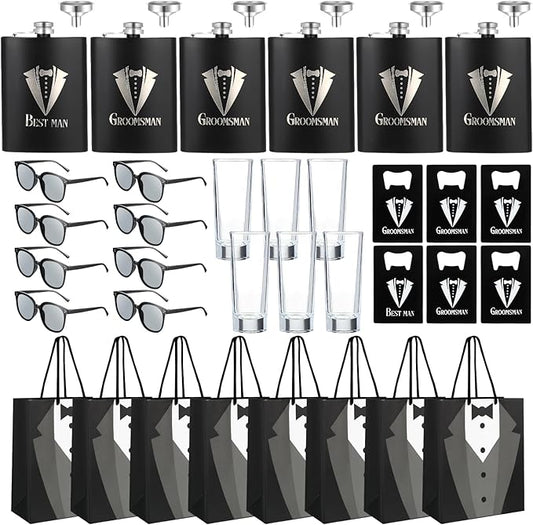Hushee 30 Pcs Groomsmen Gifts Set Includes 6 Stainless Steel Tuxedo Flask with Funnels 6 Groomsman Proposal Gift Bags 6 Poker Card Beer Bottle Opener 6 Sunglass 6 Glass Cups for Wedding Party