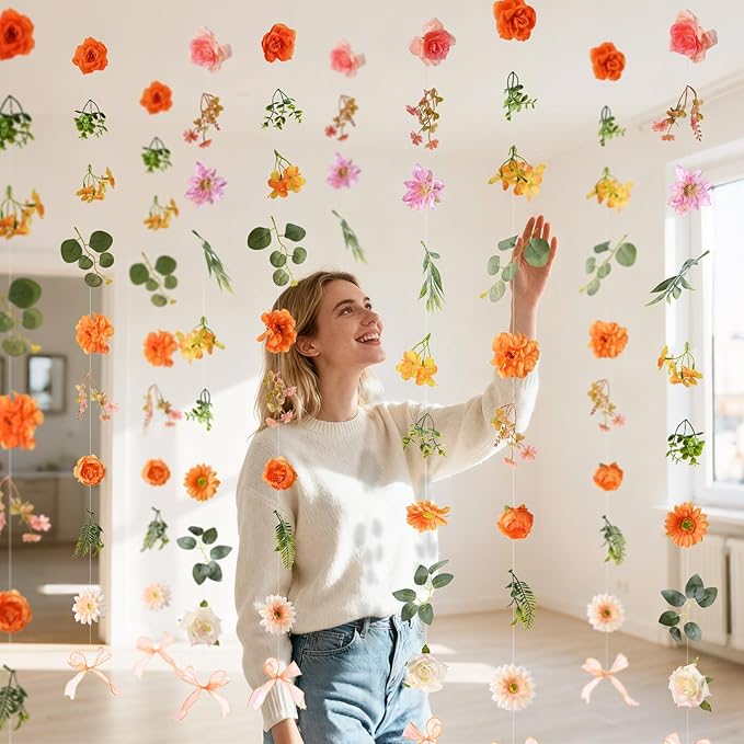 Livole 6Pcs 36Ft Hanging Flower Garland with Bow Orange Wildflower Garlands Backdrop Silk Rose Fake Floral Vines with Hooks for Spring Party Wedding Birthday Anniversary Arch Wall Garden Decor