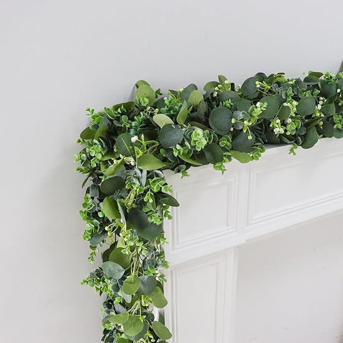 2pcs Artificial Eucalyptus Garland, 5.9FT Greenery Garland Vines Decoration, Faux Silver Dollar Eucalyptus Leaves for Table Home Wedding Mantle Party Indoor Decor