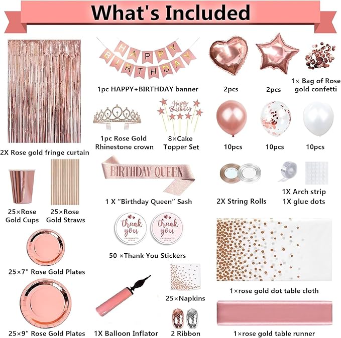 253 Pcs Birthday Decorations For Women, Rose Gold Party Decorations, Happy Birthday Decorations - Balloon Stand Kit, Tableware Kit,Pump, Banner, Tassel Curtain,Balloon, For 25 Guests