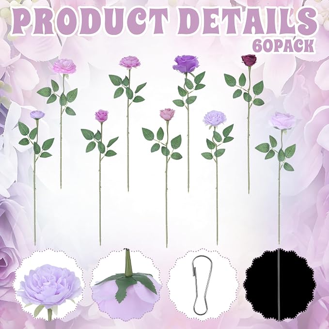 Lyrow 60 Pack Lavender Purple Artificial Flower Hanging Ornaments Purple Roses Floating Garland Moody Vintage Mauve Wedding Lilac Boho Cottagecore Ceiling Garland Bridal Shower Bouquet Table Decor