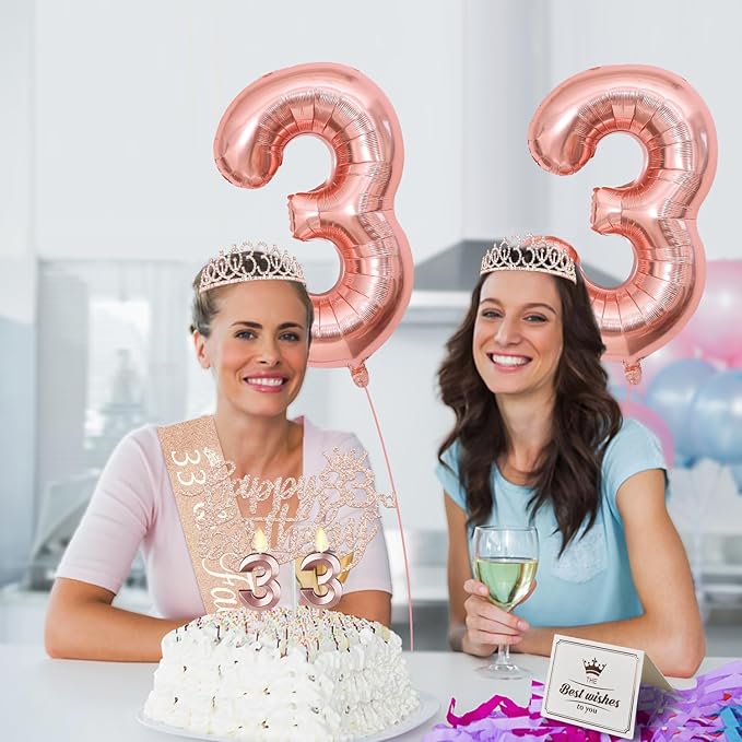 33 Birthday Decorations for Women, Including 33rd Birthday Sash and Tiara, Cake Topper and Candles, Number Balloons, 33 Year Old Gifts for Women