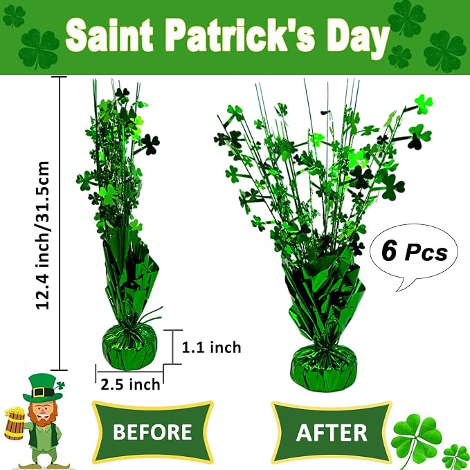 FUBININA 6 PCS St Patrick's Day Decoration Glitter Shamrock Metallic Foil Spray Centerpieces Lucky Clover Green Tabletop Decor for Irish St Patty's Day Birthday Wedding Home Party Supplies