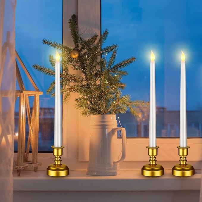 Fumete 16 Pcs Flameless Candles with Gold Base Battery Powered Taper White Candles Battery Operated LED Candlesticks for Party Home Dinner Decorations