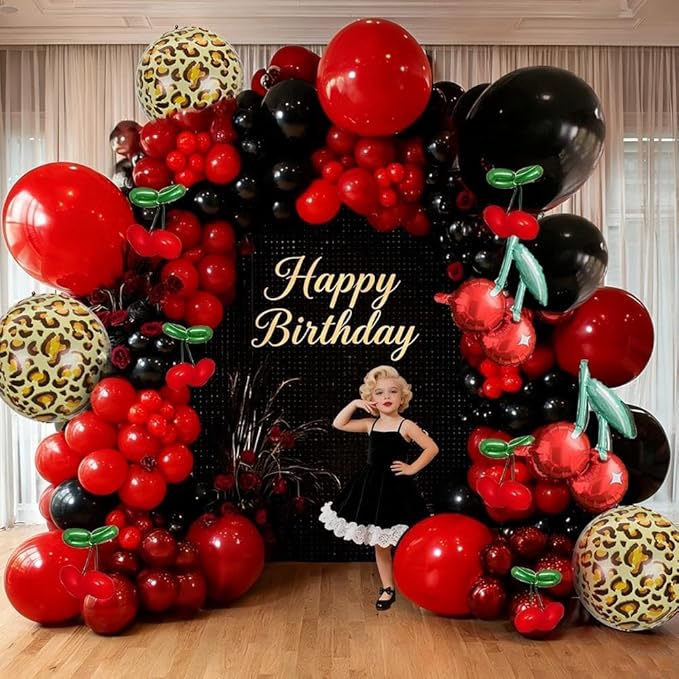 Red Black Balloon Arch Kit Double Stuffed Burgundy Black Maroon Balloon Garland Cherry Cheetah Print Balloons for Birthday Bridal Baby Shower Mother's Day Bachelorette Graduation Party Decorations