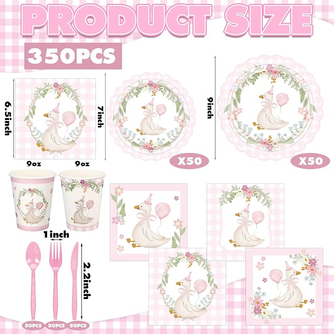 Zhehao 350 Pcs One Silly Goose Birthday Party Tableware Set Scalloped Pink Gingham Baby Shower Plates Cup Napkins Forks for Birthday Party Decorations Supplies for 50 Guests