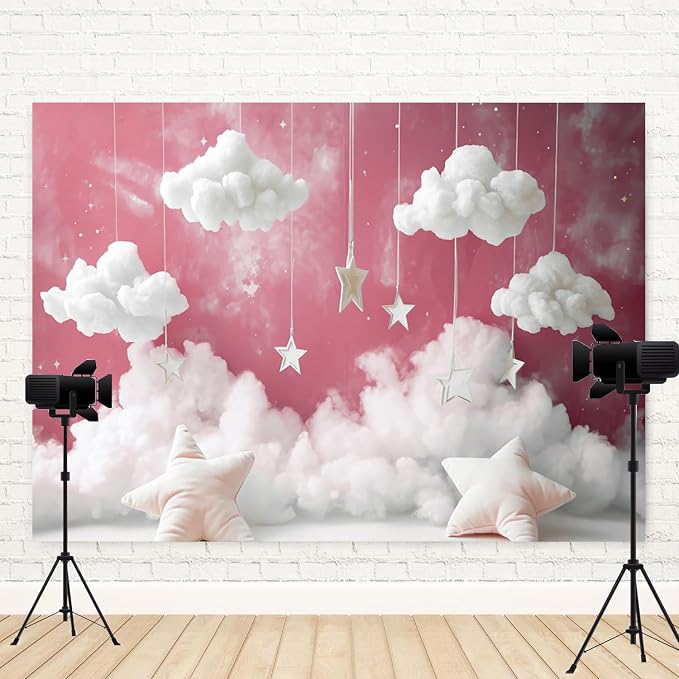 12x10ft Cloud Backdrop Sky Starry Star White Pink Photography Background Baby Shower Banner for Girl Baby Birthday Party Decoration Newborn Photoshoot Prop Cake Smash Photo Booth Prop