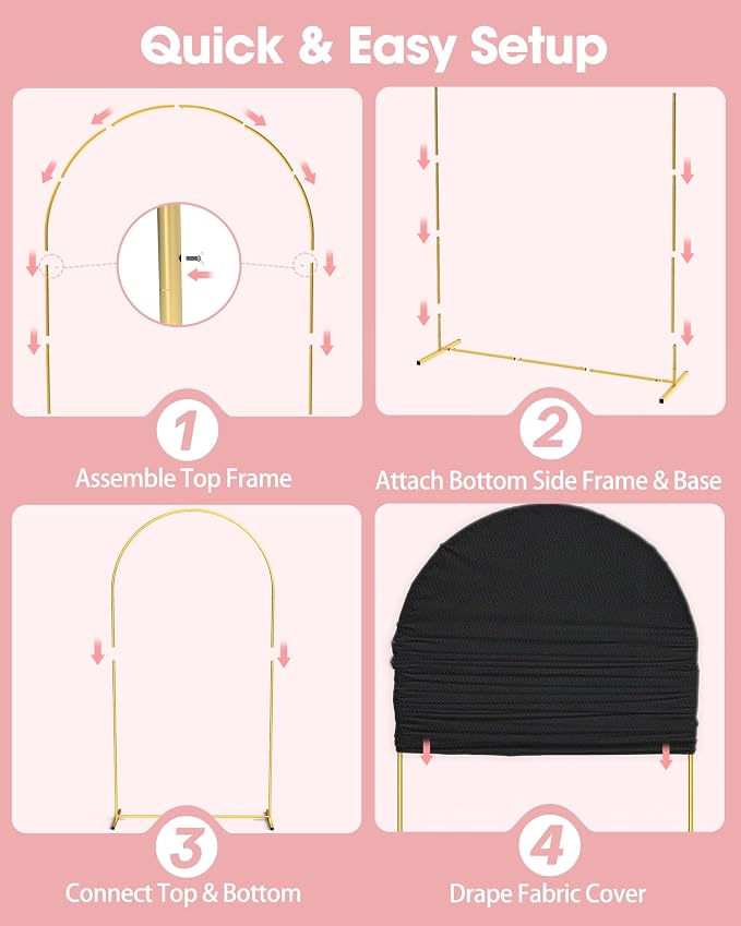 Pureegg Arch Backdrop Stand and Cover Set - 7.2FT Gold Metal Frame with Black Fabric Cover, Easy-to-Assemble Wedding Arch Stand for Parties and Celebrations