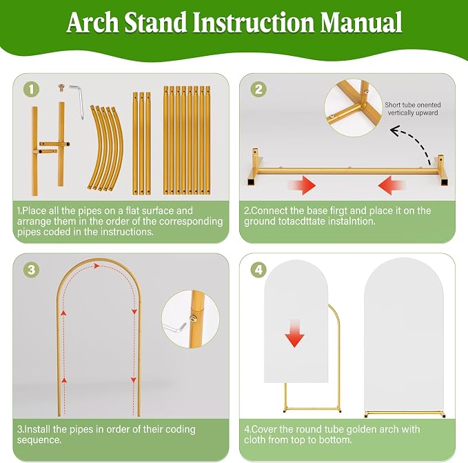 Arch Backdrop Stand and Cover Set, 6 x 2.6FT Gold Metal Wedding Arch for Ceremony, Heavy Duty Balloon Arch Stand with White Spandex Cover for Birthday Party, Baby Shower, Graduation, Event Decor