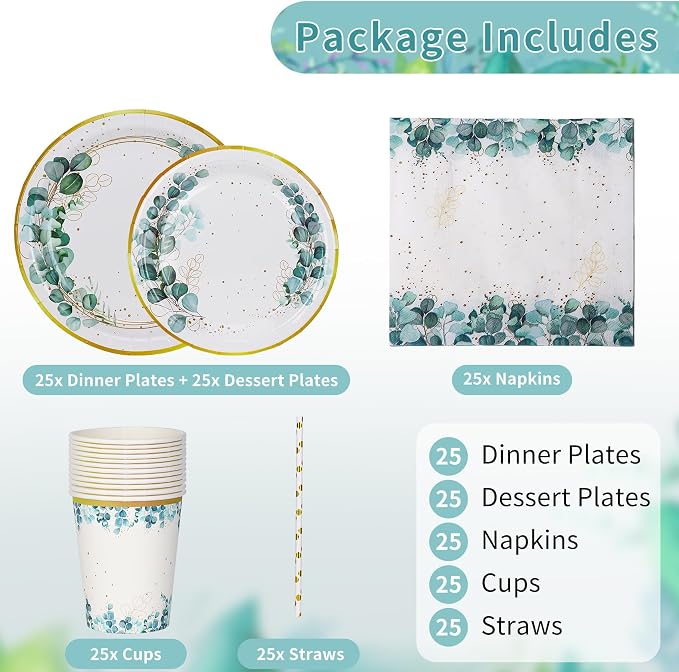 Sage Green Plates and Napkins Party Supplies, Sage Green and Gold Disposable Plates Sets, Sage Green Plates and Napkins Party Supplies Eucalyptus Plates for Table Decor，Serves for 25 (Eucalyptus Set)