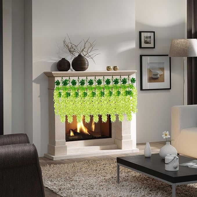 12 Pack Green Wisteria Hanging Flowers Garland with Lights, 3.44 Feet Artificial Flower Vines, Fake Wisteria, Artificial Vines Hanging Garland for Backdrop Outdoor Patio Garden Decor