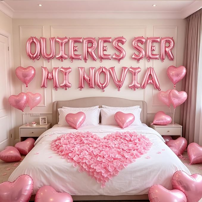 2 Set Pink QUIERES SER MI NOVIA Balloons - 1200pcs Pink Artificial Rose Petals 34pcs 16" Letter Balloons 10pcs 18" Heart Balloon Alphabet Foil Mylar Balloon for Valentines Day Decorations