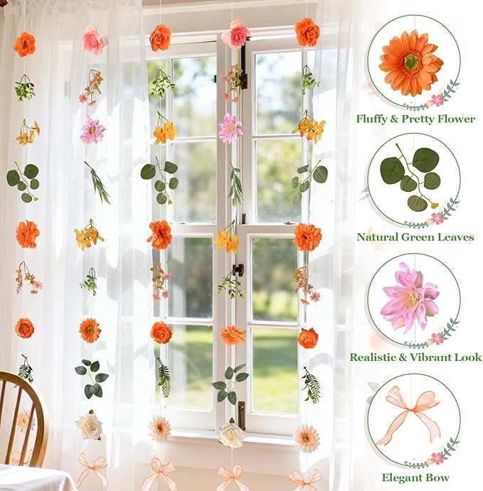 Livole 6Pcs 36Ft Hanging Flower Garland with Bow Orange Wildflower Garlands Backdrop Silk Rose Fake Floral Vines with Hooks for Spring Party Wedding Birthday Anniversary Arch Wall Garden Decor