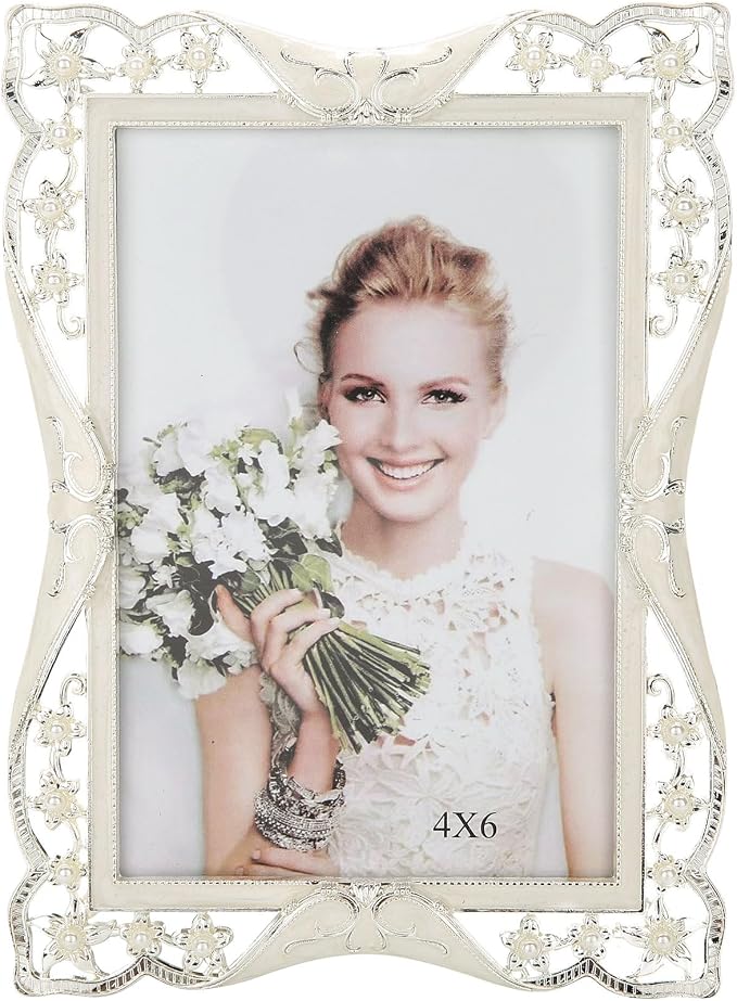 4x6 Vintage Metal Picture Frame White Pearl Photo Frame Wedding Decoration, Clear Glass Front, Unique Tabletop or Wall Display, Mothers Day Gifts for Mom Women, Horizontally & Vertically